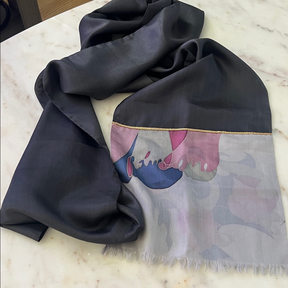 Jackye Robin Terre Silk Hand Painted Scarf Navy Floral vintage artisanal